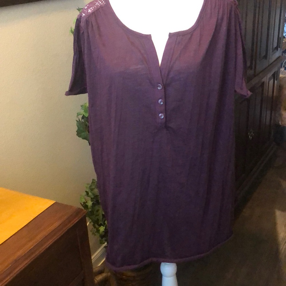 Purple Short Sleeve Blouse with Mandarin Collar